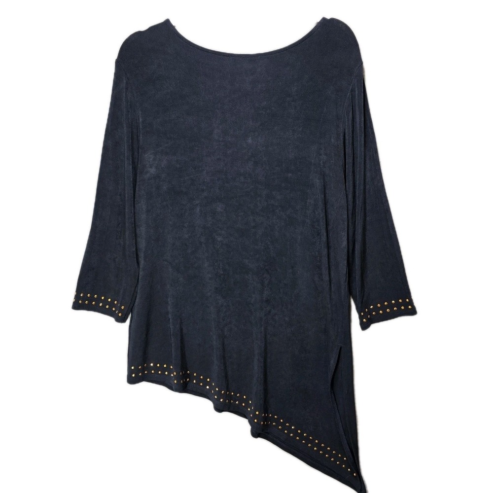 Chicos Travelers Tunic Top Women L Asymmetric Hem Gold Studded Navy Blue Size 2‎ - Picture 2 of 16